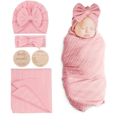 Afbeelding van DRESHOW Ontvangstdeken voor pasgeborenen, warm, meisjes, met bijpassende muts en hoofdband, kaart geboorte, 1 set: Birth Announcement Card + hoed haarband deken (roze)