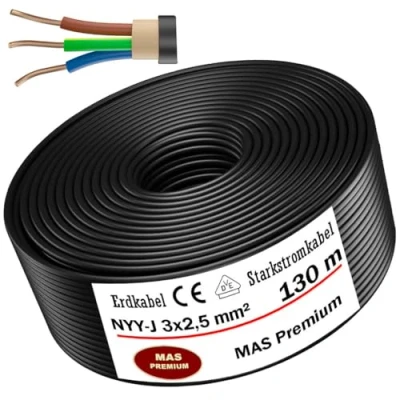 Afbeelding van MAS Premium® Aardingskabel voor elektrische stroomvoorziening standaard van het Duitse merk, ring installatie in de grond en buiten (NYY J 3 x 2,5 mm², 130 m)