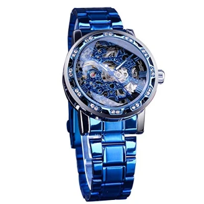 Afbeelding van FORSINING Winner Retro mechanisch skelethorloge met diamanten en bloemensnijwerk, klassiek Romeinse cijfers voor heren, Blauw, Klassiek, retro, luxe