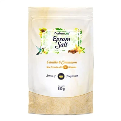 Afbeelding van Nortembio Epsomzout 850 g. Badzout Vanille en kaneelaroma. Magnesiumsulfaat gehydrateerd met vitamine C E. spierontspanning, aromatherapie goede nachtrust. E book inbegrepen.