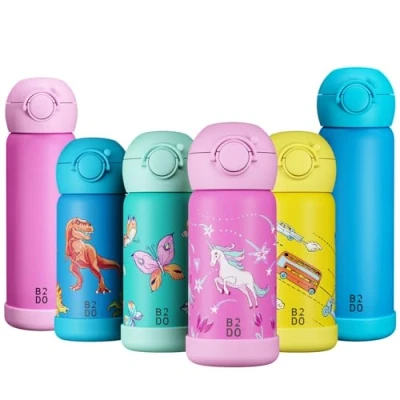 Afbeelding van B2DO Isotherme 316 drinkfles voor kinderen, 350 ml, eenhoorn, roze, lekvrije en geïsoleerde thermosfles school, BPA vrije met rietje kinderen