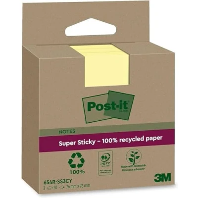 Afbeelding van Post it Super Sticky Notes Recycled, 70 vel, ft 76 x mm, geel, pak van 3 blokken memoblok