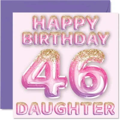 Afbeelding van Verjaardagskaart voor meisjes 46 jaar, roze en paarse glitterballonnen, verjaardagskaarten jarige dochter van mama papa, 145 mm x