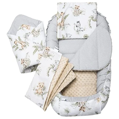 Image de Medi Partners Reducteur de Lit Bebe Réducteur Bébé 100x60x15cm 5 éléments Cocon et Naissance Nid d&#039;ange bilatéral Cale 100% Coton Minky (Safari avec beige)