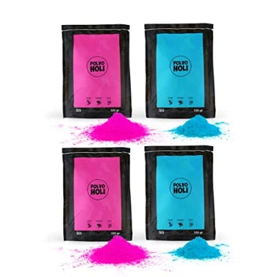 Afbeelding van POLVO HOLI Babyshower verpakking met 4 zakjes van 100 g verraadt het geslacht de baby (blauw en roze)