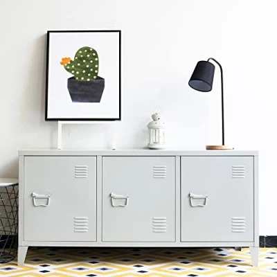 Afbeelding van TV meubel Kotka 113x40x58 cm staal met 3 deuren wit [en.casa]