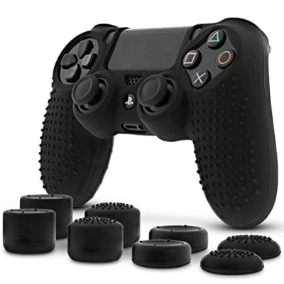 Afbeelding van Fosmon PS4 DualShock Controller beschermhoes siliconen voor controller, 1 + 8 stickdoppen Playstation 4 Slim Pro zwart