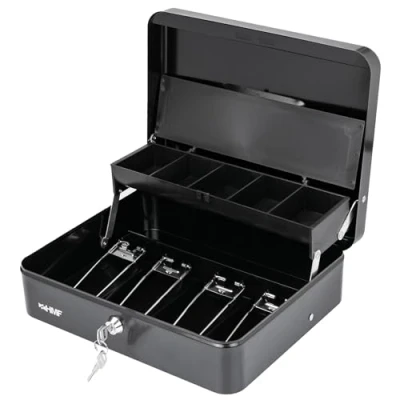 Afbeelding van HMF 15230 02 Afsluitbare geldcassette met muntvak en 4 vakken voor bankbiljetten klem, 30 x 24 9,5 cm, zwart
