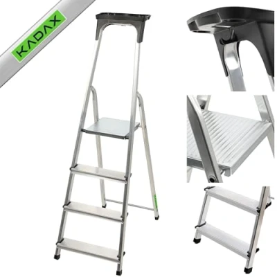 Afbeelding van KADAX Aluminium ladder Maximale belasting: 125 kg, plooiladder voor senioren, veiligheidsladder, met plank (4 treden)