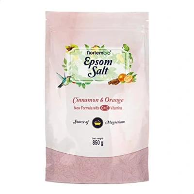 Afbeelding van Nortembio Epsomzout 850 g. Badzout met sinaasappelkaneelaroma. Magnesiumsulfaat gehydrateerd vitamine C en E. spierontspanning, aromatherapie goede nachtrust. E book inbegrepen.