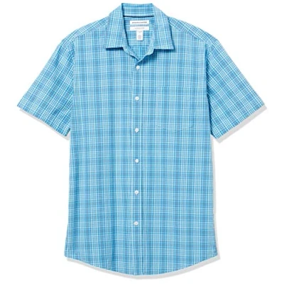Image de Amazon Essentials Chemise en Popeline à Manches Courtes Coupe Régulière Men&#039;s, Bleu Blanc Écossais, L