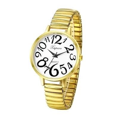Afbeelding van JewelryWe Dameshorloge, met elastisch bandje, extra dun, makkelijk te lezen, goud /zilverkleurig, witgoud., Armband