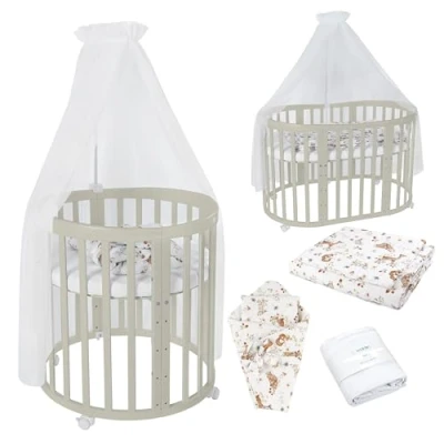 Afbeelding van Waldin OWAL Baby bed 7 in 1, met matras, aankleedkast, ovaal babybed matras en wielen, olijfhout, witte dierenstof