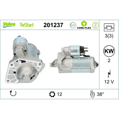 Afbeelding van VALEO 201237 Startmotor 12V 2kw 12 NO R 75 NISSAN: Qashqai / Qashqai+2 I Van, I, RENAULT: Trafic 3, MEGANE 3