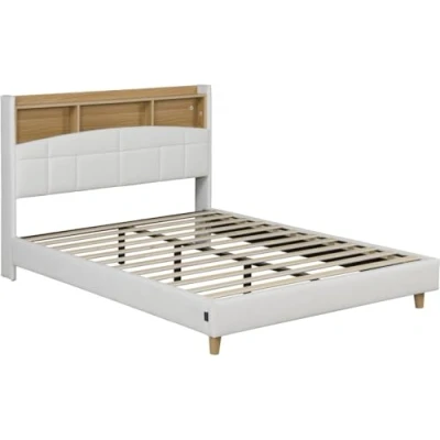 Afbeelding van Tweepersoonsbed met opbergruimte hoofdbord en led verlichting &quot;Sarah&quot; 140 x 190 cm Wit