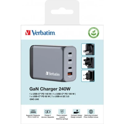 Afbeelding van Verbatim Ladeadapter, Universal, GNC 240, GaN, 240W, grau 1x USB A QC, 3x C PD, Retail