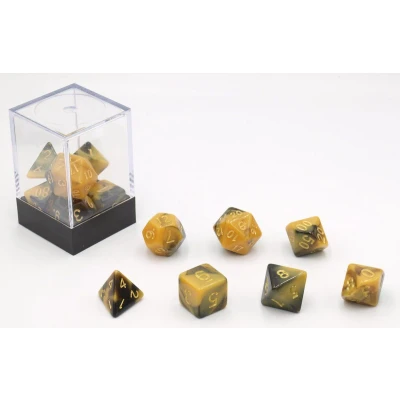 Afbeelding van Dobbelstenen Zwart/Geel 7 set Brick