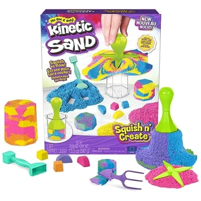 Afbeelding van Kinetic Sand Squish N’ Create met 382 g blauw geel en roze speelzand 5 gereedschappen Sensoriche speelgoed