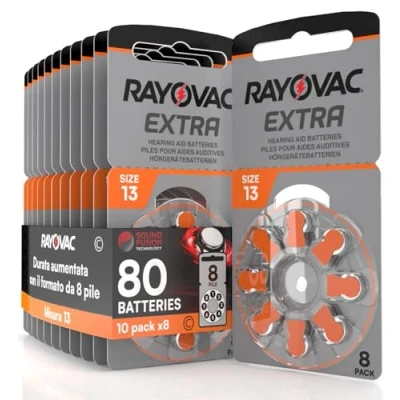Afbeelding van 80 batterijen voor gehoorapparaten Rayovac Extra 13. 10 blisters met 8