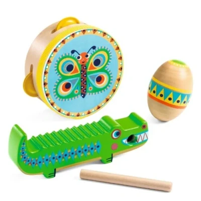 Afbeelding van Djeco percussie set tamboerijn, maracas, guiro animambo 3st