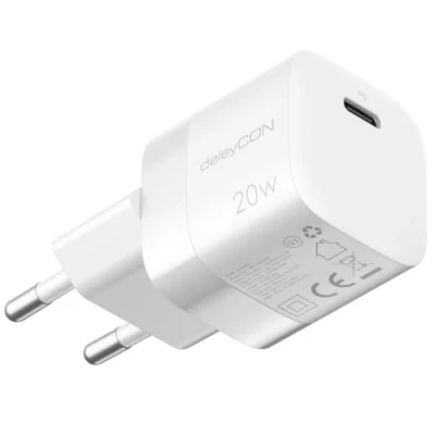 Afbeelding van deleyCON USB C oplader (20 W compacte snellader) 1 poort voor iPhone 15/14/13/12/11, iPad Galaxy S24/S23 Pixel, PD 3.0 mobiele telefoon, wit