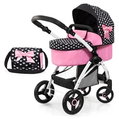 Afbeelding van Poppenwagen City Max met tas, in hoogte verstelbaar, zwenkwielen voor, omvormbaar tot buggy, geïntegreerde mand zwart/wit/roze