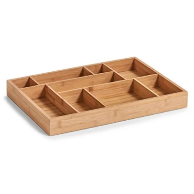 Afbeelding van 1x Bruine lade organizer inzetbakken 9 vaks bamboe 44 x 32 cm Zeller Rommellade Knutsel lades Organizers Vakken bakken van hout
