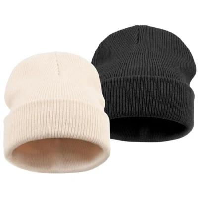Afbeelding van DRESHOW 2 stuks muts voor kinderen, winter, uniseks, gebreid, zacht, baby&#039;s, jongens, meisjes, warme muts, 6 maanden 7 jaar, hoeden: beige/zwart