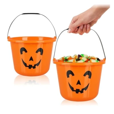 Afbeelding van COM FOUR® 2 x Halloween pompoenemmers kunststof emmers in pompoendesign voor het verzamelen van snoep verzameltas met handvat