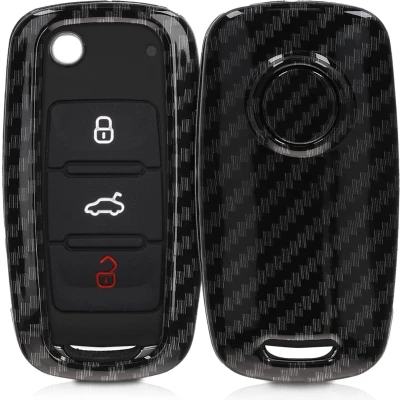 Afbeelding van kwmobile autosleutelhoes geschikt voor VW Skoda Seat 3 knops autosleutel hardcover beschermhoes Carbon design zwart