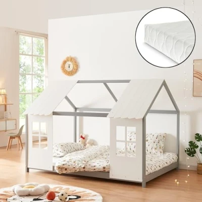 Afbeelding van Kinderbed Tostedt huisbed met matras 140x200 cm grijs en wit [en.casa]