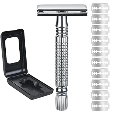 Afbeelding van URAQT Safety Razor voor mannen, dubbele veiligheidsscheermesjes, handmatig scheren met lange steel en 10 roestvrijstalen scheermesjes gezicht lichaam