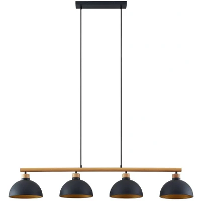Afbeelding van Lindby hanglamp 4lichts ijzer, rubberboomhout E27 zwart, goud, hout licht