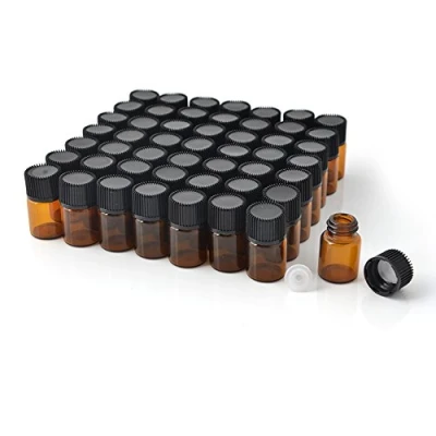 Afbeelding van Enslz Set van 50 lege mini flessen voor etherische oliën, 1 ml (1/4 dram), 2 (5/8 amberkleurige glazen fles met openingsreductiemiddel en dop, incl. druppelaars gratis transfer