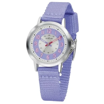 Afbeelding van ATRIUM Horloge Kinderen Meisjes Jongens Lila &amp; Zilverkleurig Analoog 3 Bar Waterdicht Leercijferblad Stevig Verstelbaar Nylon Bandje (13 17 cm) Leren Duidelijk Quartz Uurwerk Edelstalen Sluiting A46 18