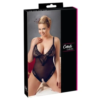 Afbeelding van Cottelli Plus Size Sexy Body met Open Kruis en Kanten Motieven Langs Randen voor Speciale Dates Maat 2XL Zwart