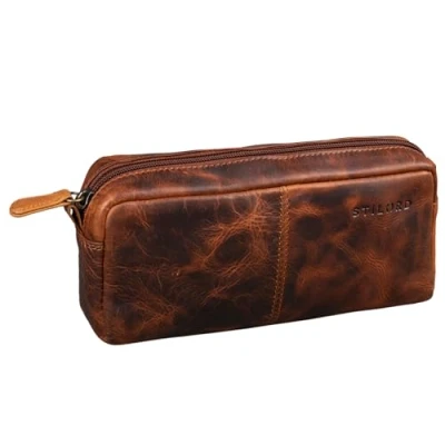 Afbeelding van STILORD &#039;Spencer&#039; Schooletui Leer Make up Tas Etui voor potloden Echt Vintage, Kara Cognac, Modern