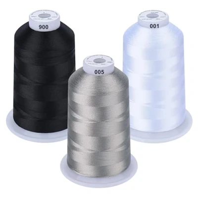 Afbeelding van Simthread Set van 3 spoelen polyester borduurgaren 5000 meter/spoel, zwart/wit en grijs, voor Brother, Babylock, Janome, Singer, Kenmore