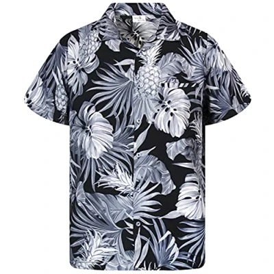 Afbeelding van King Kameha Funky Hawaïhemd voor kinderen, jongens, meisjes, korte mouwen, voorzak, Hawaii print, uniseks, ananasbladerpatroon, Kids Ananas Bladeren Mono Grey