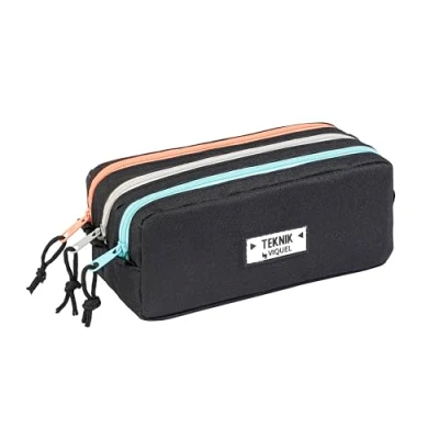 Afbeelding van Viquel Trousse Scolaire Teknik Noire pour Enfants en Polyester 600D Résistant 3 Compartiments, Zips de Couleur et Cordelettes Patch Décoratif