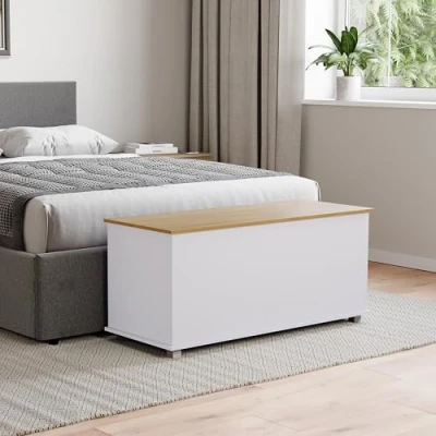 Afbeelding van Vida Designs Arlington Ottomaanse opbergkist van hout met deksel, zitting, kruk, vensterbank, dekens, beddengoed, speelgoeddoos, voetensteun, wit