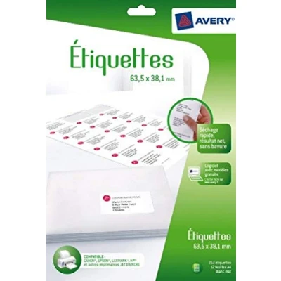 Afbeelding van AVERY Verpakking met 252 zelfklevende adresetiketten, personaliseerbaar, bedrukbaar, formaat 63,5 x 38,1 mm, inkjetdruk,