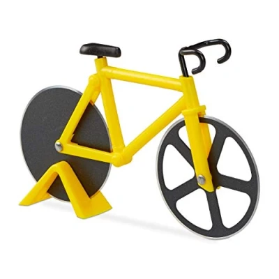 Afbeelding van Relaxdays pizzasnijder fiets pizzames racefiets pizzaroller origineel deegroller geel