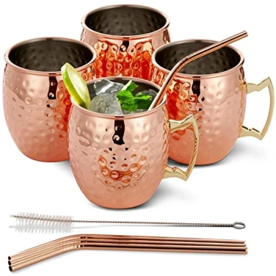 Afbeelding van 4 RVS Moscow Mule Cocktail Beker Geschenkset, Koper (550ml) Inclusief Rietjes en Reinigingsborstel