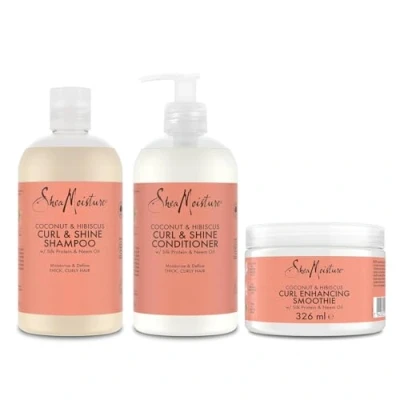 Afbeelding van SheaMoisture Curl &amp; Shine Shampoo 384 ml + conditioner stylingcrème zonder uitspoelen 326 voor dik en krullend haar, kokosnoot hibiscus siliconen sulfaten