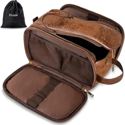 Afbeelding van Elviros Waterbestendige lederen toilettas voor mannen grote reistas scheren Dopp Kit Badkamer Gym Toiletten Make up Organizer met gratis natte droge tas (Donker bruin, 30,5 x 17 18 cm)