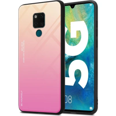 Afbeelding van Cadorabo Hoesje geschikt voor Huawei MATE 20 in GEEL ROZE Tweekleurige beschermhoes van TPU silicone Case Cover en achterzijde gehard glas