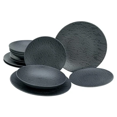 Afbeelding van CreaTable, 20540 Serie leisteen Black 12 delig tafelservies van aardewerk, vaatwasser en magnetronbestendig, gemaakt in Portugal