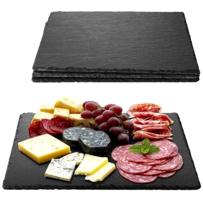 Afbeelding van Navaris 4x serveerplateau van natuurlijk leisteen 38 x 28 cm Borrelplank met beschermende anti kraslaag Als kaasplank vleesplank of tapasplank