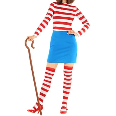 Afbeelding van Morph Charlie kostuum, nerd rood en wit gestreept Halloween kostuum voor dames, carnavalskostuum, maat XL